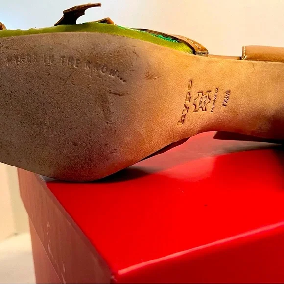 Lime Green Satin Brown Leather Hi Heels 5”  Lilac Floral Embroidery Sq.Toe 7 1/2 - Picture 7 of 14